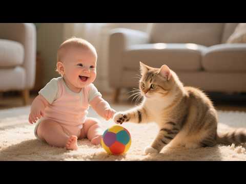 The shared Lab 4 demo photo: a baby and a cat playing with a colourful ball