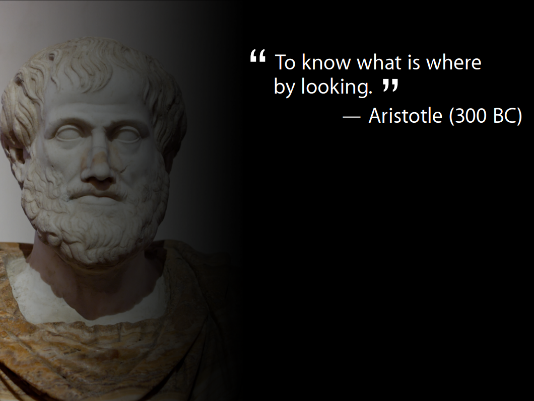 Bust of Aristotle beside the quote: To know what is where by looking.