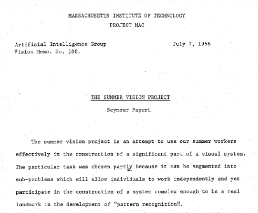 Scan of MIT Project MAC Vision Memo No. 100, The Summer Vision Project, Seymour Papert, July 1966.