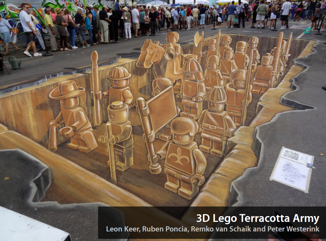 3D pavement street art of Lego minifigures arranged as a terracotta army, viewed from the correct angle.