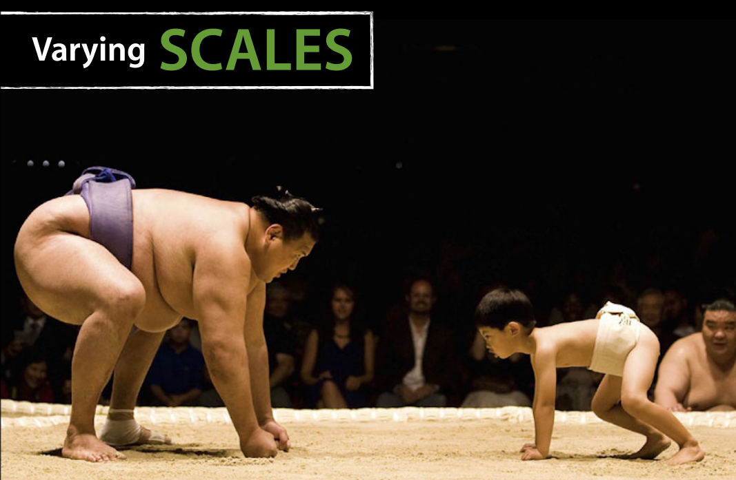 An adult sumo wrestler facing a small child in a sumo stance.