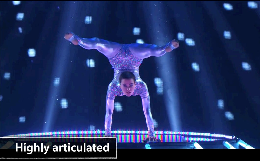 A contortionist balanced on one hand in an extreme pose.