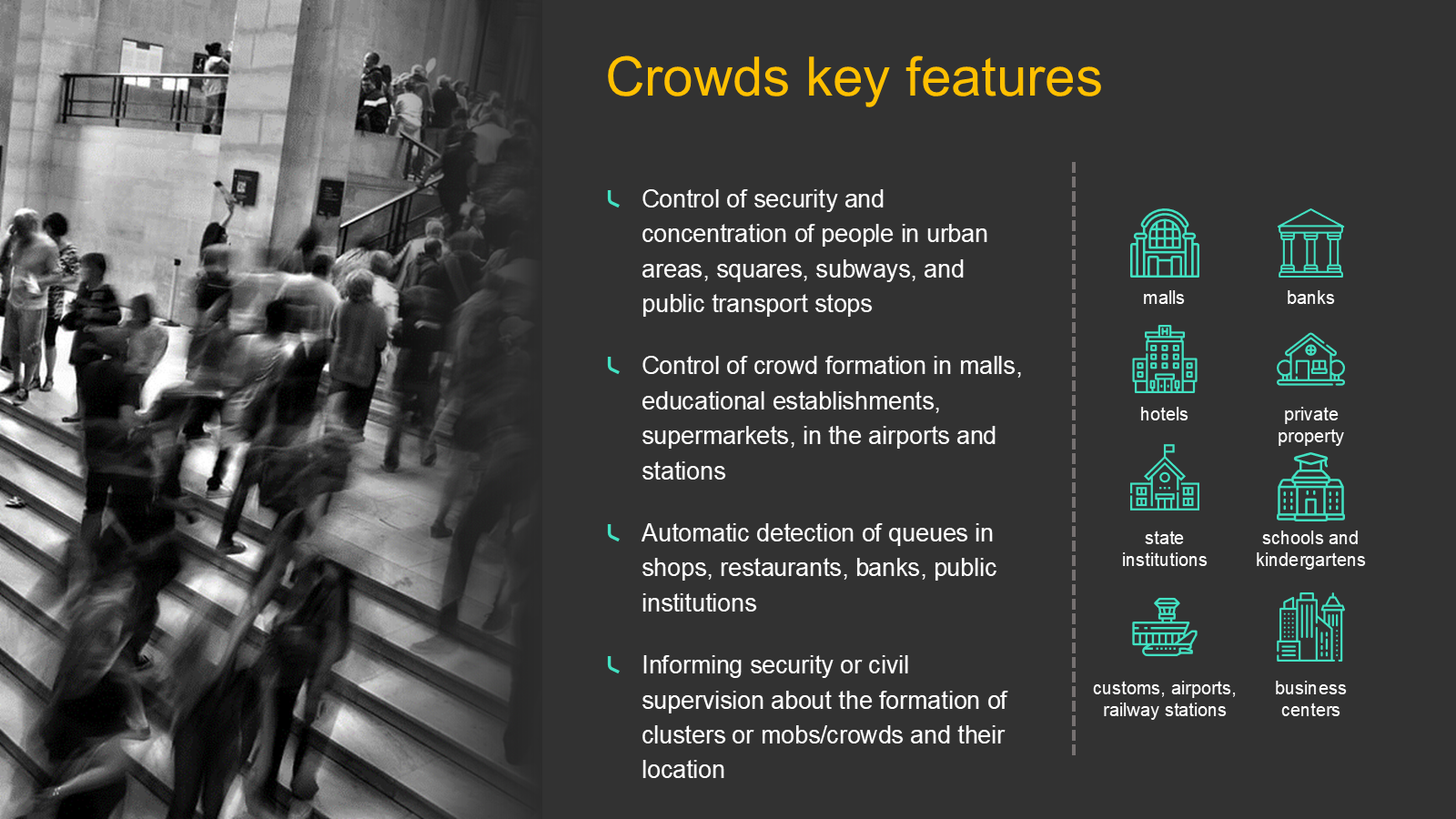 Public gatherings and crowd detection key features
