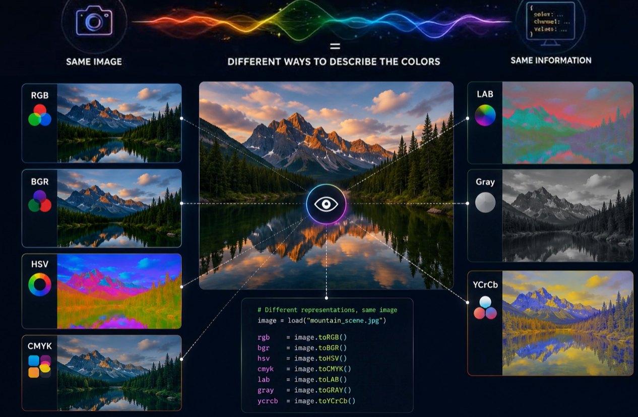 One mountain image shown in RGB, BGR, HSV, CMYK, LAB, Gray and YCrCb