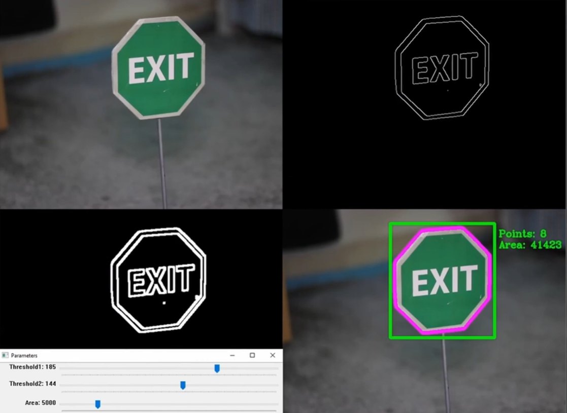 EXIT sign: original, Canny edges, dilated edges, detected octagon with 8 points