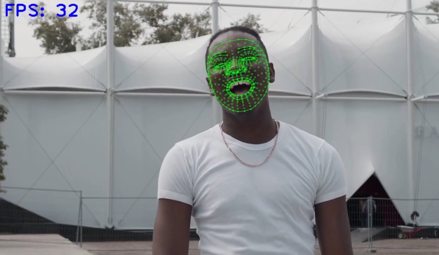 Dense face landmarks on a smiling man
