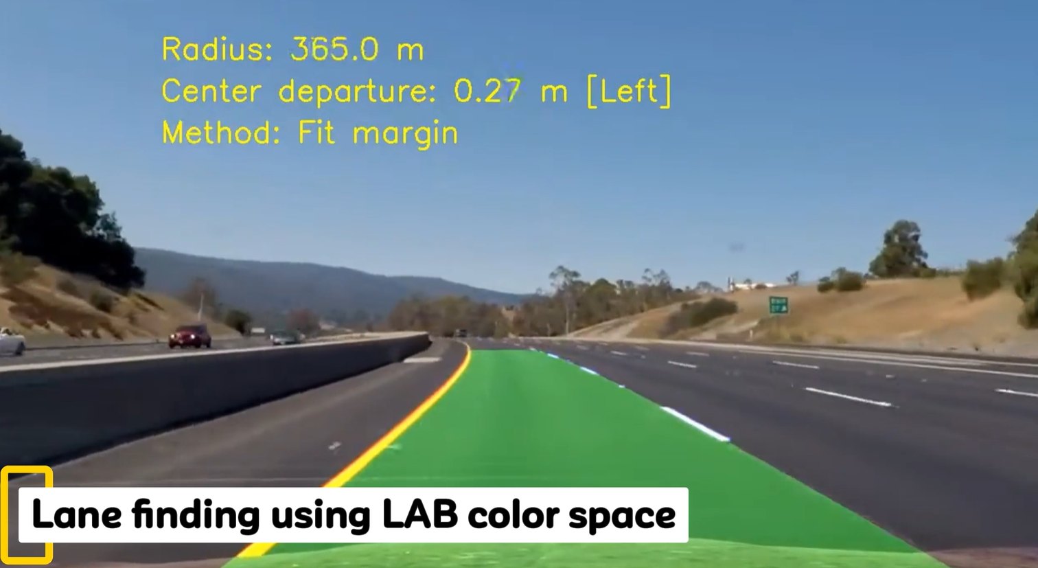 Lane area painted green on a highway, with curvature and centre offset