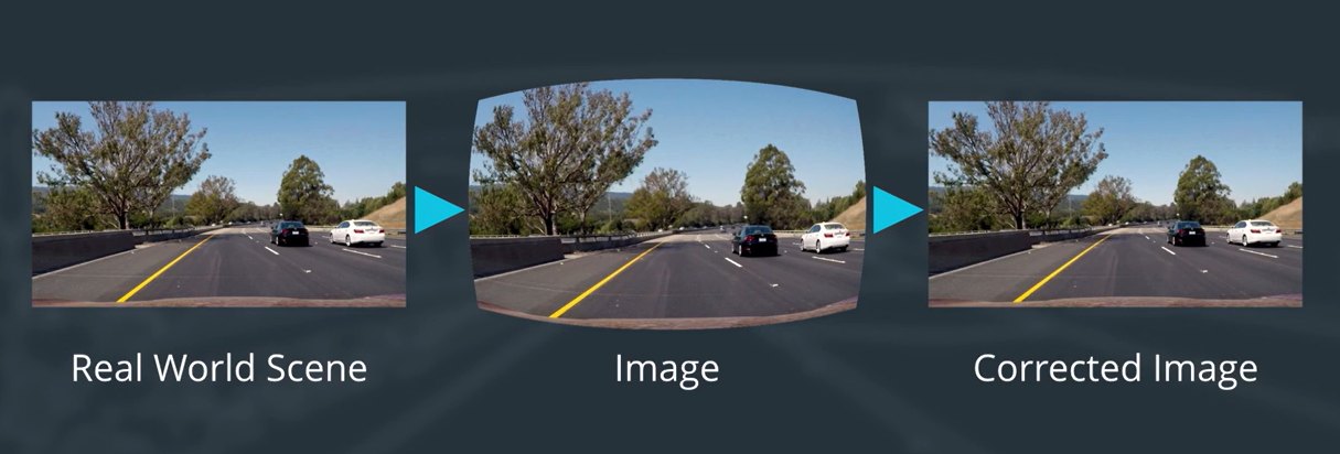Real-world scene, distorted image, corrected image